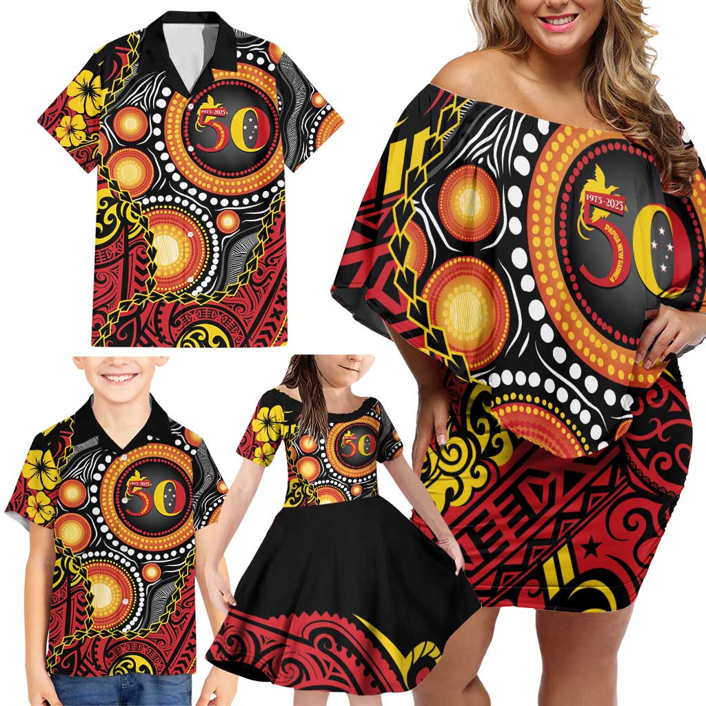 Celebrating 50 Years Papua New Guinea Family Matching Off Shoulder Short Dress and Hawaiian Shirt Aboriginal Mix Papuan Pattern - Polynesian Pride