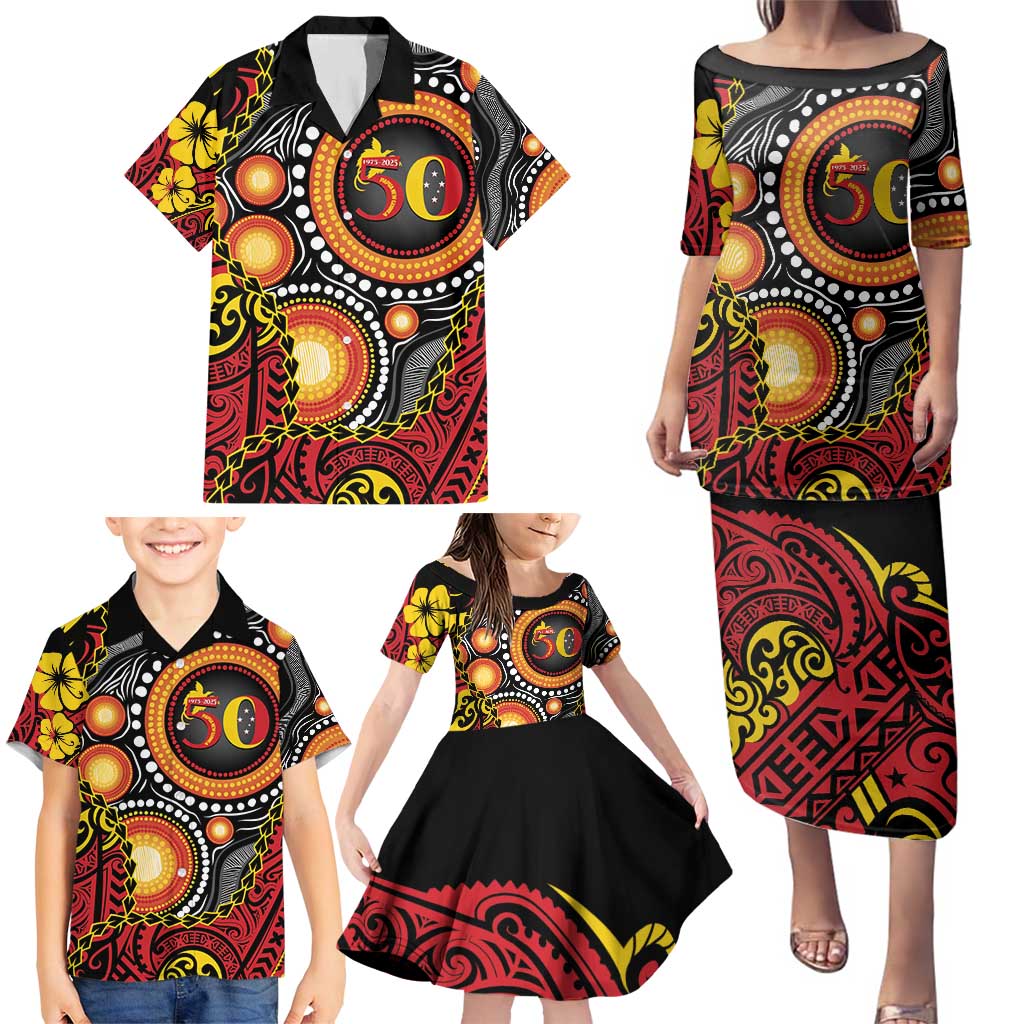 Celebrating 50 Years Papua New Guinea Family Matching Puletasi and Hawaiian Shirt Aboriginal Mix Papuan Pattern - Polynesian Pride