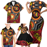Celebrating 50 Years Papua New Guinea Family Matching Short Sleeve Bodycon Dress and Hawaiian Shirt Aboriginal Mix Papuan Pattern - Polynesian Pride
