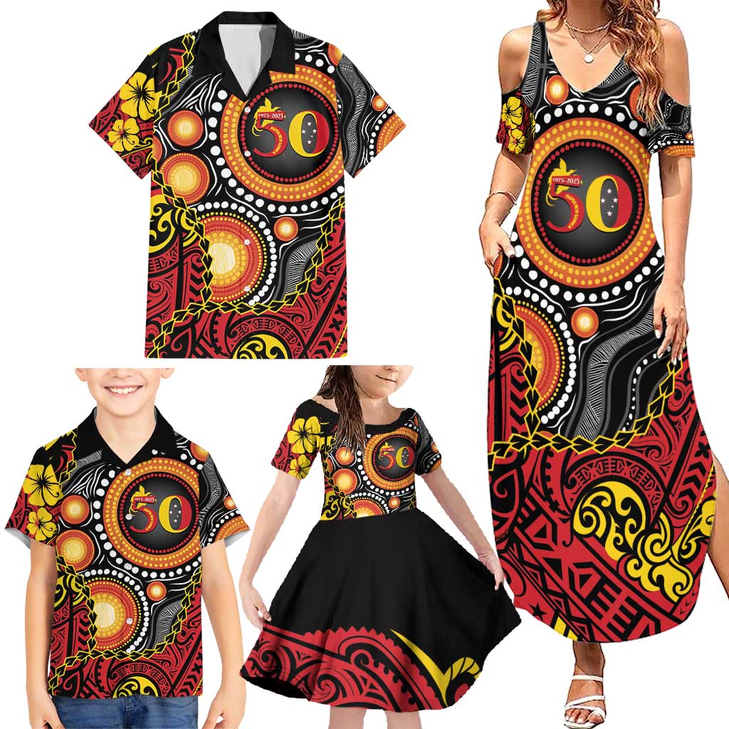 Celebrating 50 Years Papua New Guinea Family Matching Summer Maxi Dress and Hawaiian Shirt Aboriginal Mix Papuan Pattern - Polynesian Pride
