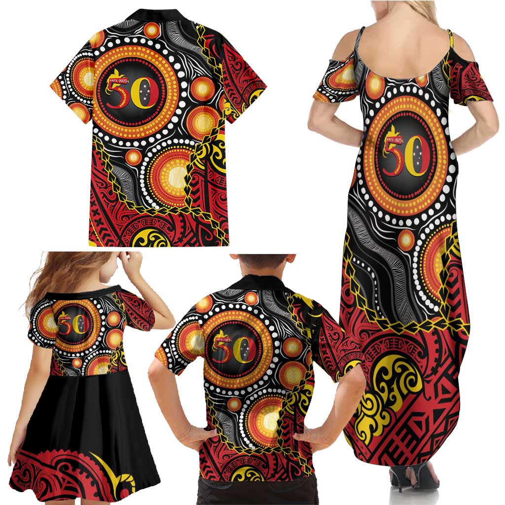 Celebrating 50 Years Papua New Guinea Family Matching Summer Maxi Dress and Hawaiian Shirt Aboriginal Mix Papuan Pattern - Polynesian Pride