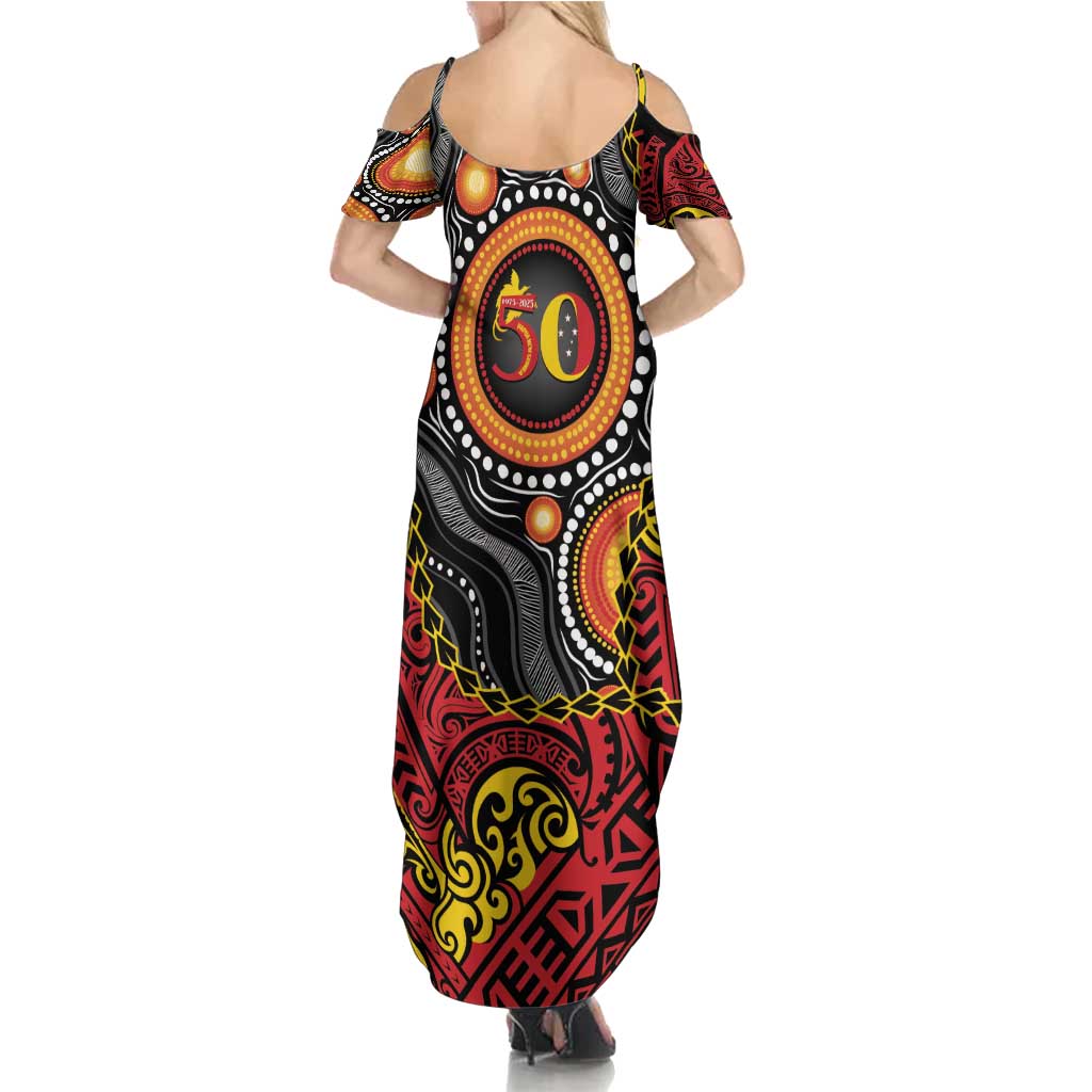 Celebrating 50 Years Papua New Guinea Family Matching Summer Maxi Dress and Hawaiian Shirt Aboriginal Mix Papuan Pattern - Polynesian Pride