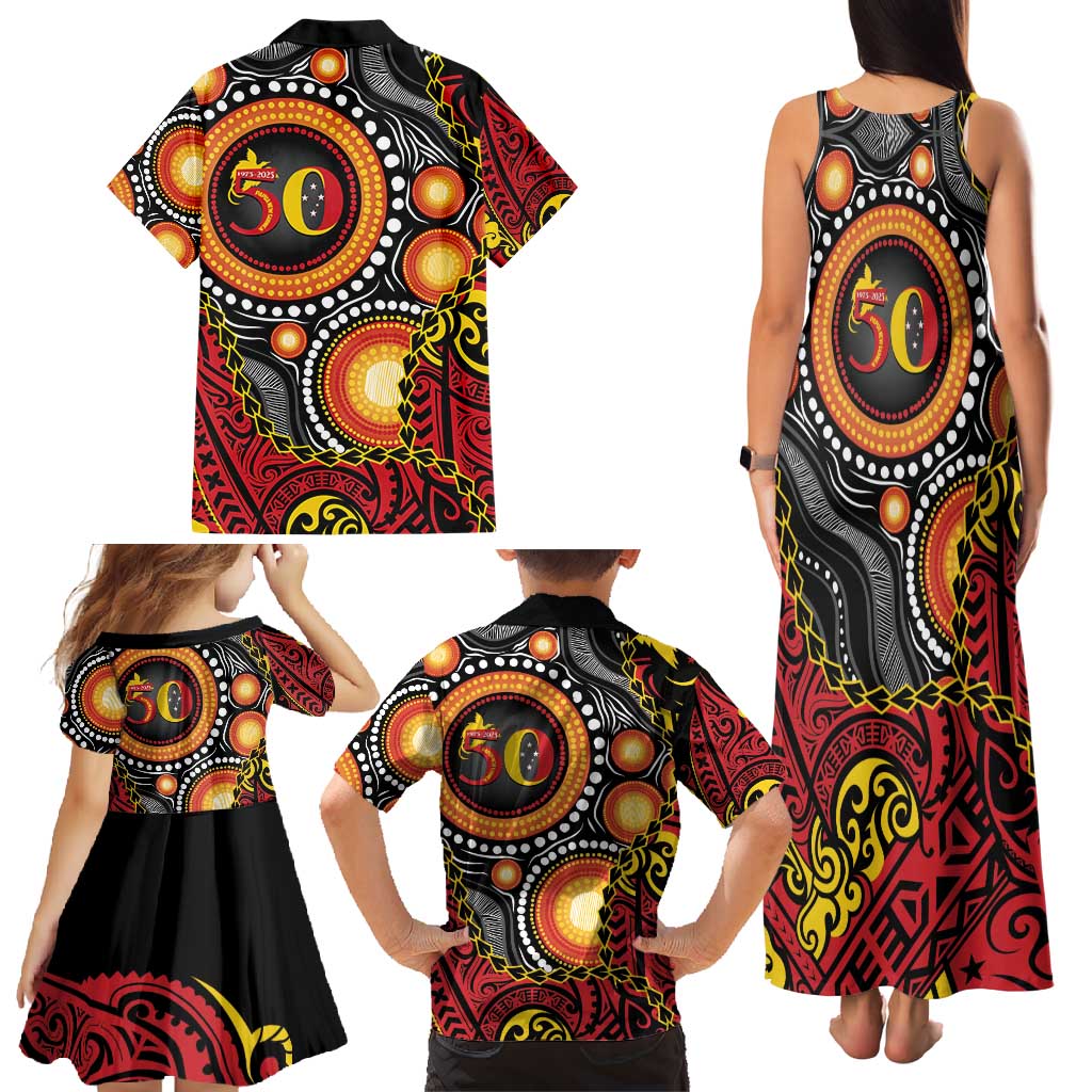 Celebrating 50 Years Papua New Guinea Family Matching Tank Maxi Dress and Hawaiian Shirt Aboriginal Mix Papuan Pattern - Polynesian Pride