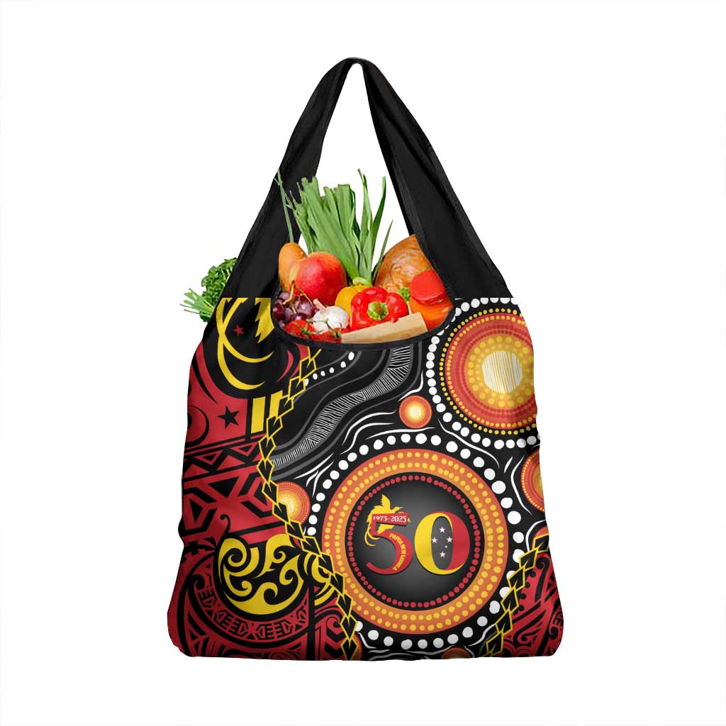 Celebrating 50 Years Papua New Guinea Grocery Bag Aboriginal Mix Papuan Pattern - Polynesian Pride