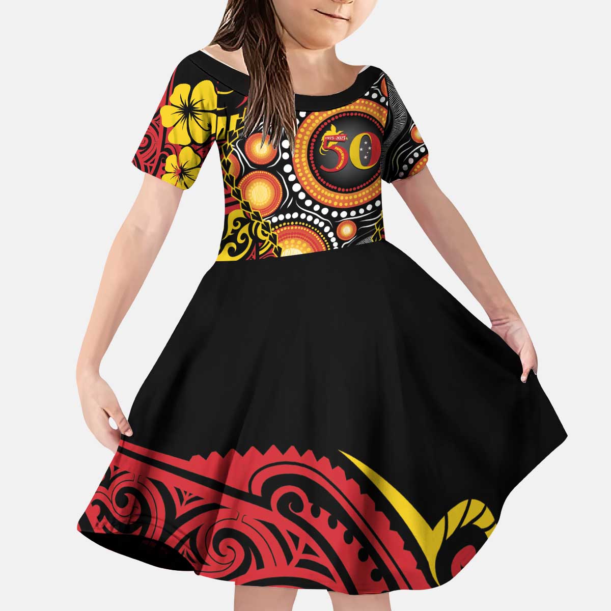 Celebrating 50 Years Papua New Guinea Kid Short Sleeve Dress Aboriginal Mix Papuan Pattern LT14 KID Red - Polynesian Pride
