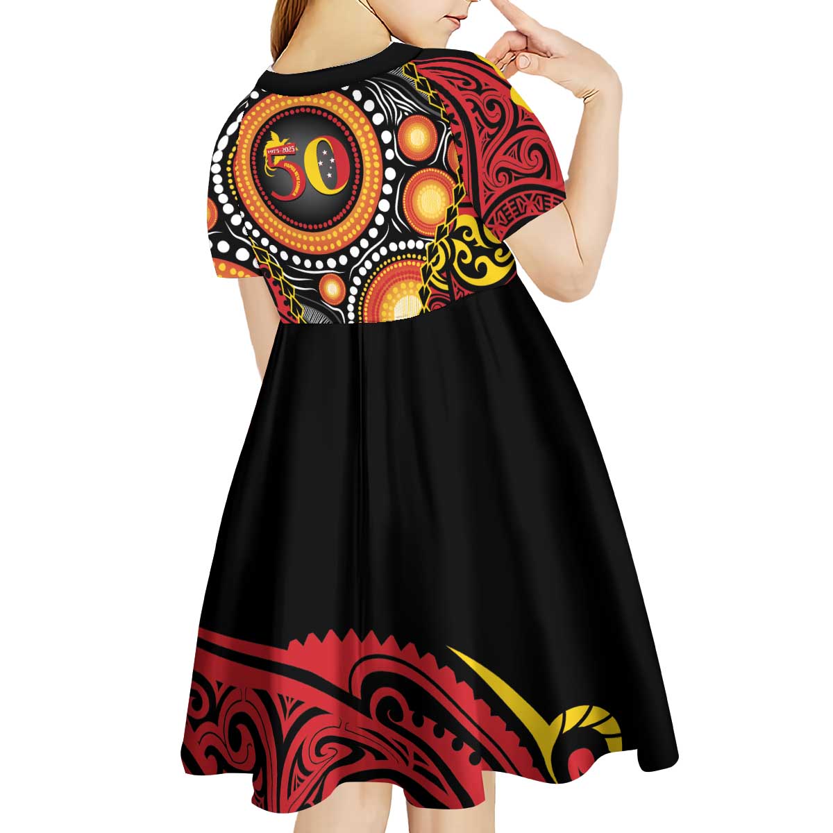 Celebrating 50 Years Papua New Guinea Kid Short Sleeve Dress Aboriginal Mix Papuan Pattern LT14 - Polynesian Pride
