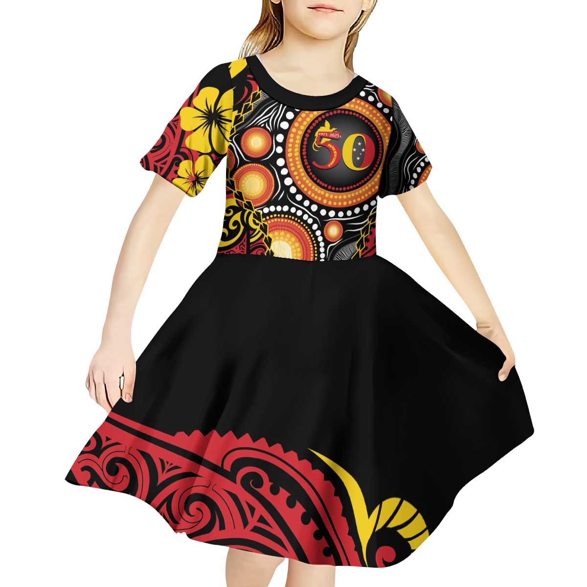 Celebrating 50 Years Papua New Guinea Kid Short Sleeve Dress Aboriginal Mix Papuan Pattern LT14 - Polynesian Pride