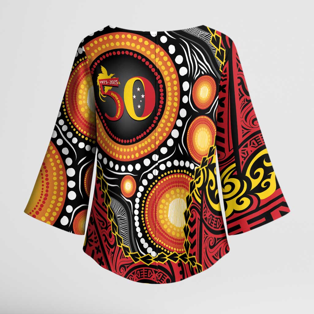 Celebrating 50 Years Papua New Guinea Kimono Sleeve Blouse Aboriginal Mix Papuan Pattern - Polynesian Pride