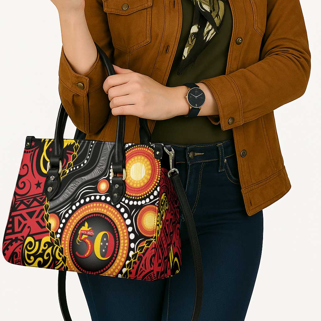 Celebrating 50 Years Papua New Guinea Leather Bag Aboriginal Mix Papuan Pattern - Polynesian Pride