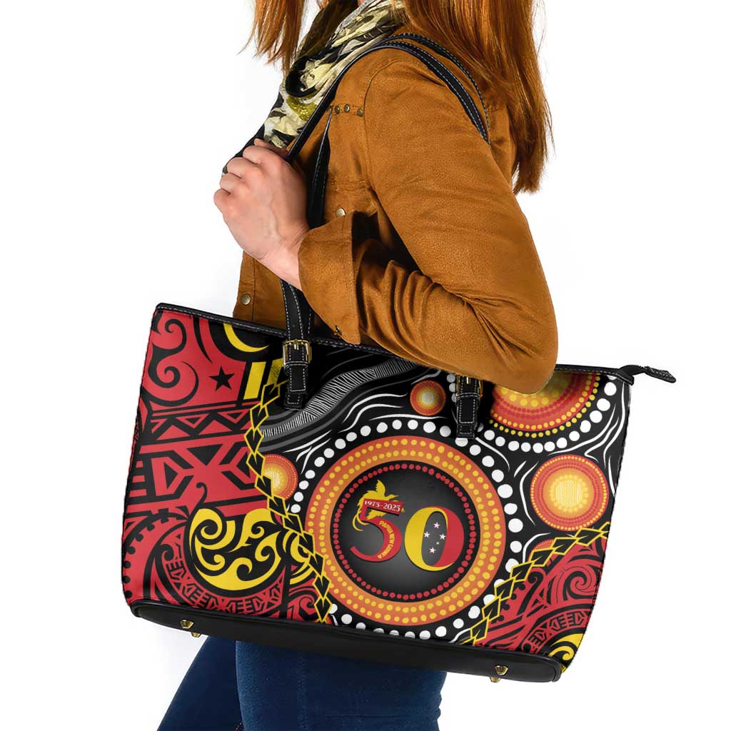 Celebrating 50 Years Papua New Guinea Leather Tote Bag Aboriginal Mix Papuan Pattern - Polynesian Pride