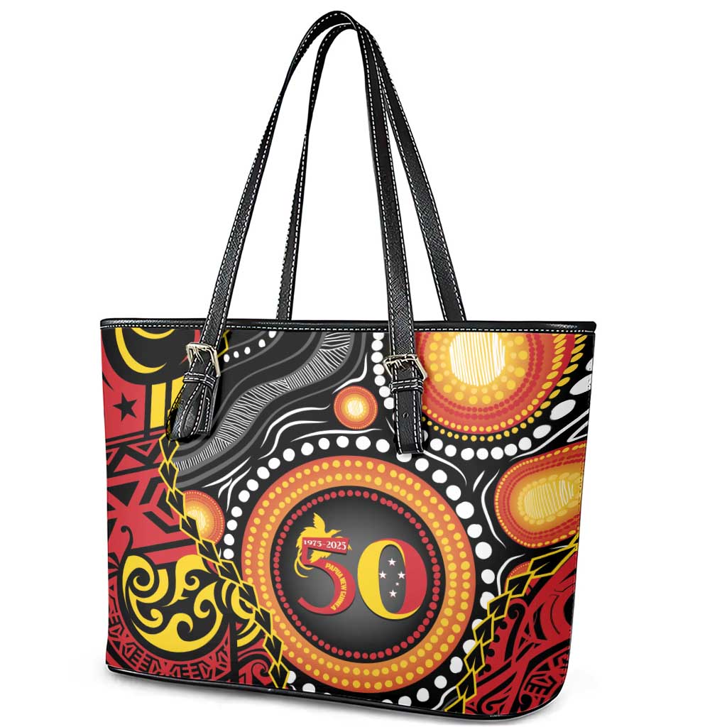 Celebrating 50 Years Papua New Guinea Leather Tote Bag Aboriginal Mix Papuan Pattern - Polynesian Pride