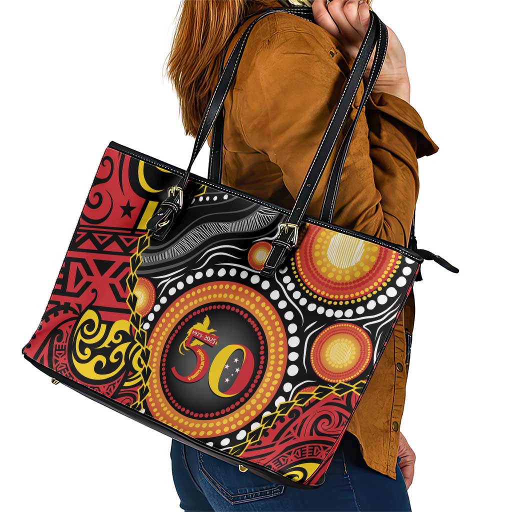 Celebrating 50 Years Papua New Guinea Leather Tote Bag Aboriginal Mix Papuan Pattern - Polynesian Pride