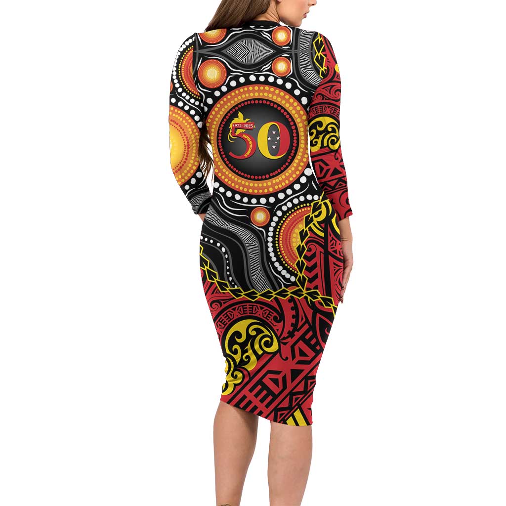 Celebrating 50 Years Papua New Guinea Long Sleeve Bodycon Dress Aboriginal Mix Papuan Pattern - Polynesian Pride