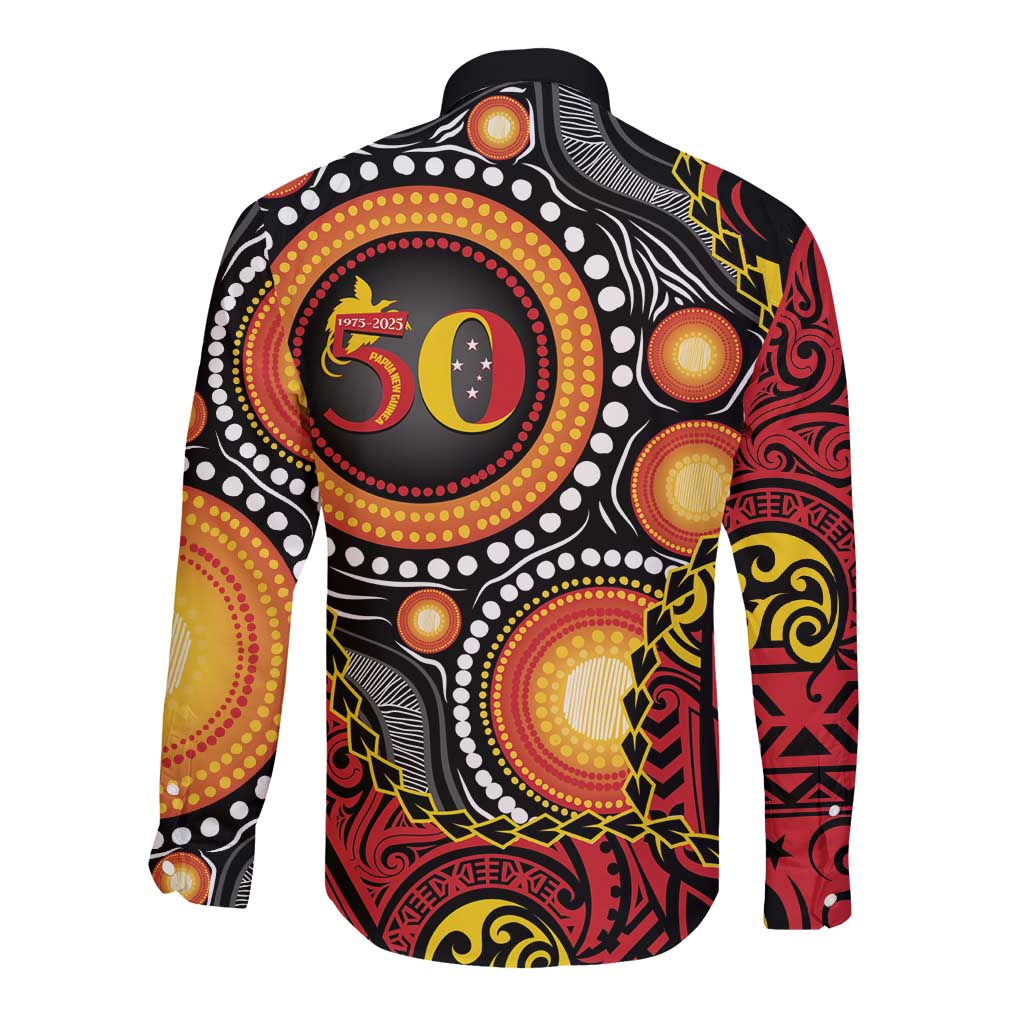 Celebrating 50 Years Papua New Guinea Long Sleeve Button Shirt Aboriginal Mix Papuan Pattern - Polynesian Pride