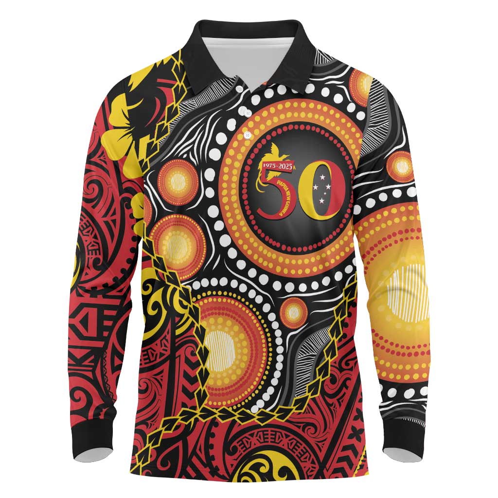 Celebrating 50 Years Papua New Guinea Long Sleeve Polo Shirt Aboriginal Mix Papuan Pattern - Polynesian Pride