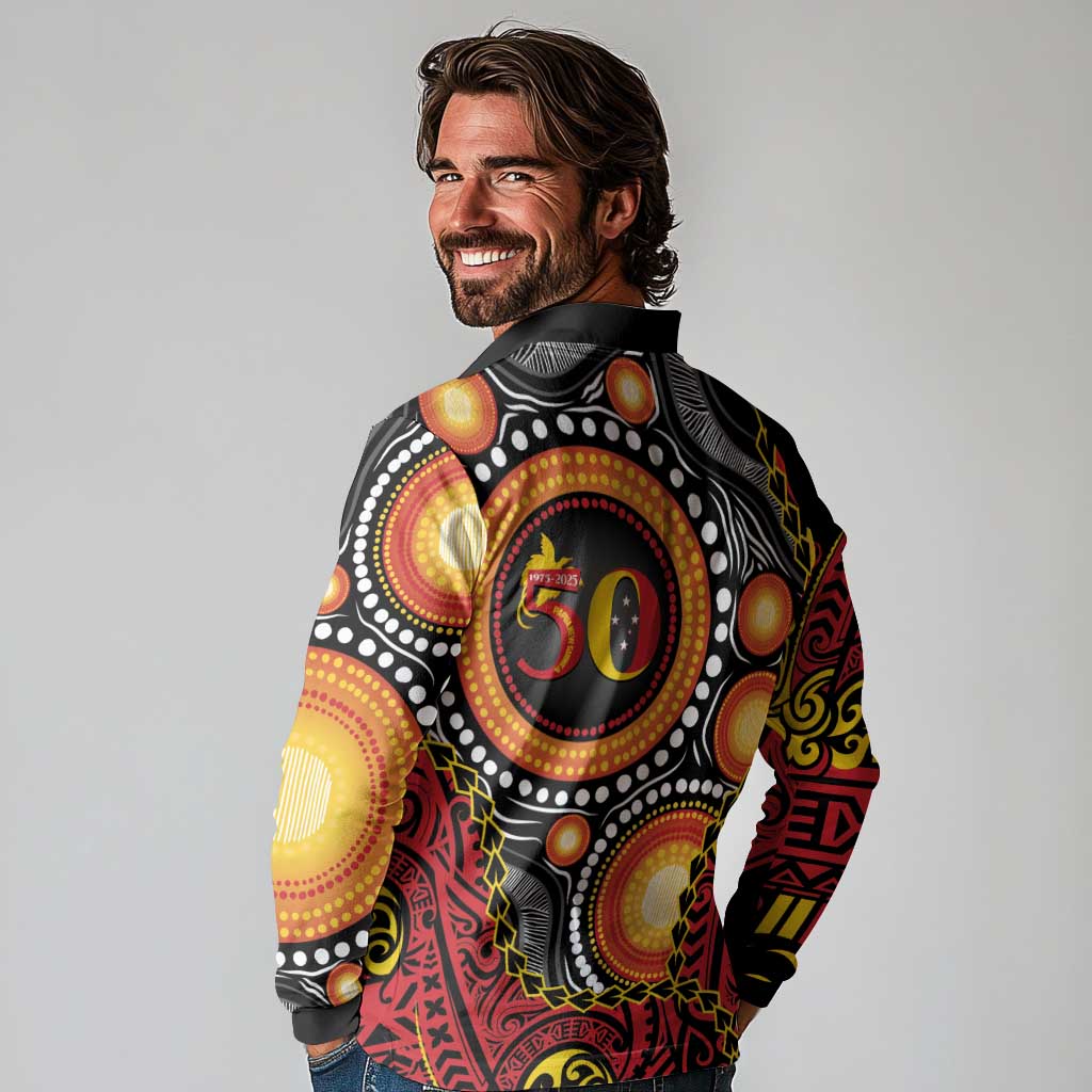 Celebrating 50 Years Papua New Guinea Long Sleeve Polo Shirt Aboriginal Mix Papuan Pattern - Polynesian Pride