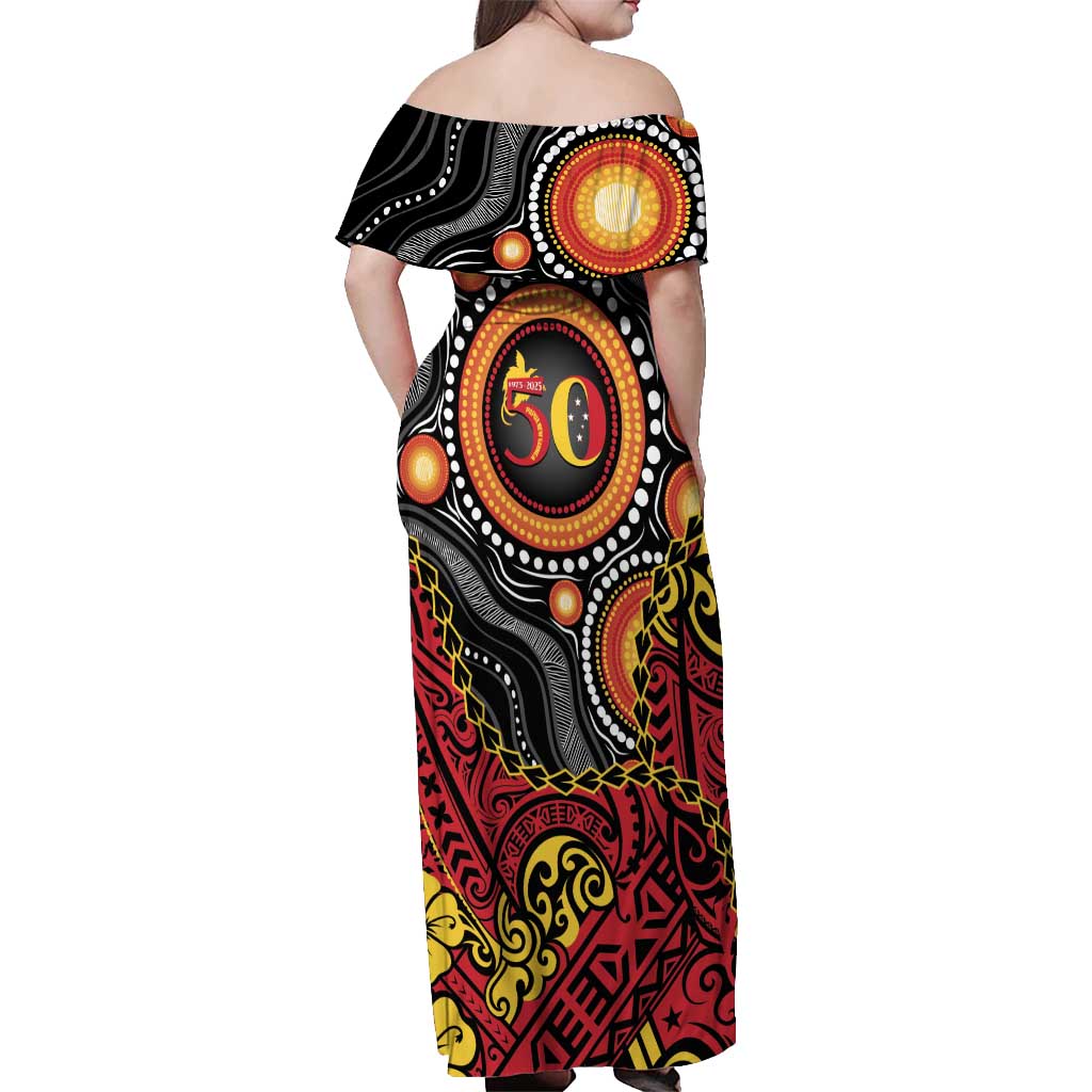 Celebrating 50 Years Papua New Guinea Off Shoulder Maxi Dress Aboriginal Mix Papuan Pattern LT14 - Polynesian Pride