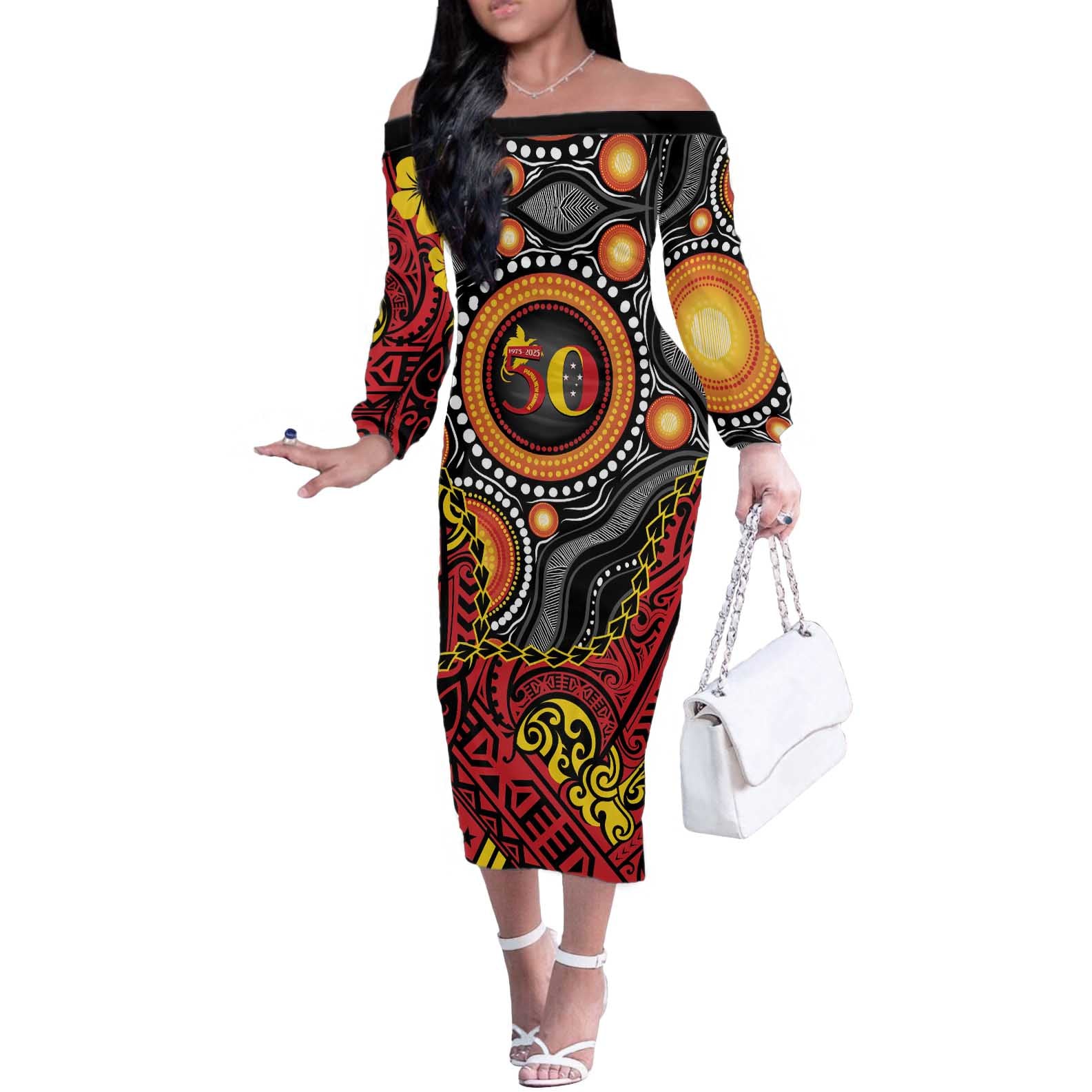 Celebrating 50 Years Papua New Guinea Off The Shoulder Long Sleeve Dress Aboriginal Mix Papuan Pattern - Polynesian Pride