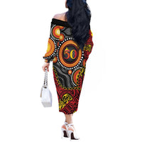 Celebrating 50 Years Papua New Guinea Off The Shoulder Long Sleeve Dress Aboriginal Mix Papuan Pattern - Polynesian Pride