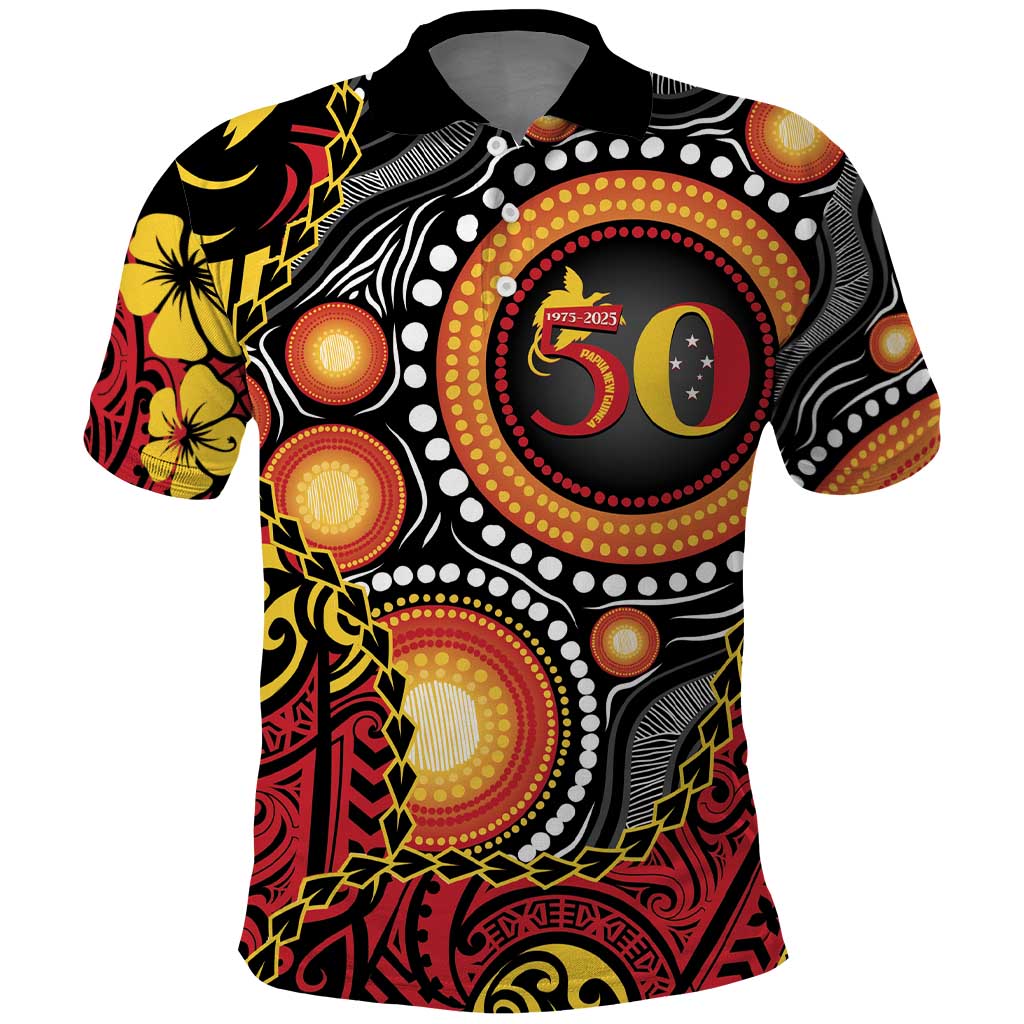 Celebrating 50 Years Papua New Guinea Polo Shirt Aboriginal Mix Papuan Pattern - Polynesian Pride