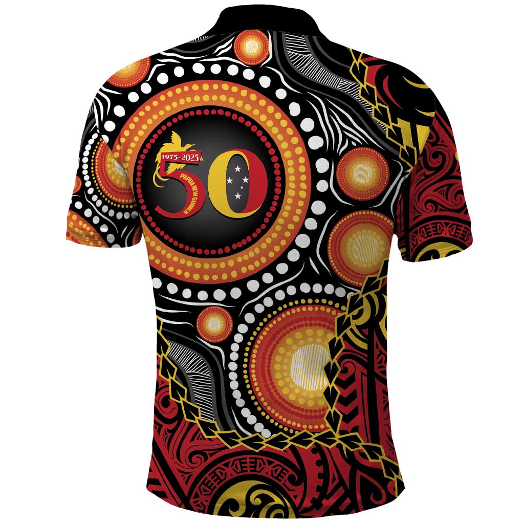 Celebrating 50 Years Papua New Guinea Polo Shirt Aboriginal Mix Papuan Pattern - Polynesian Pride