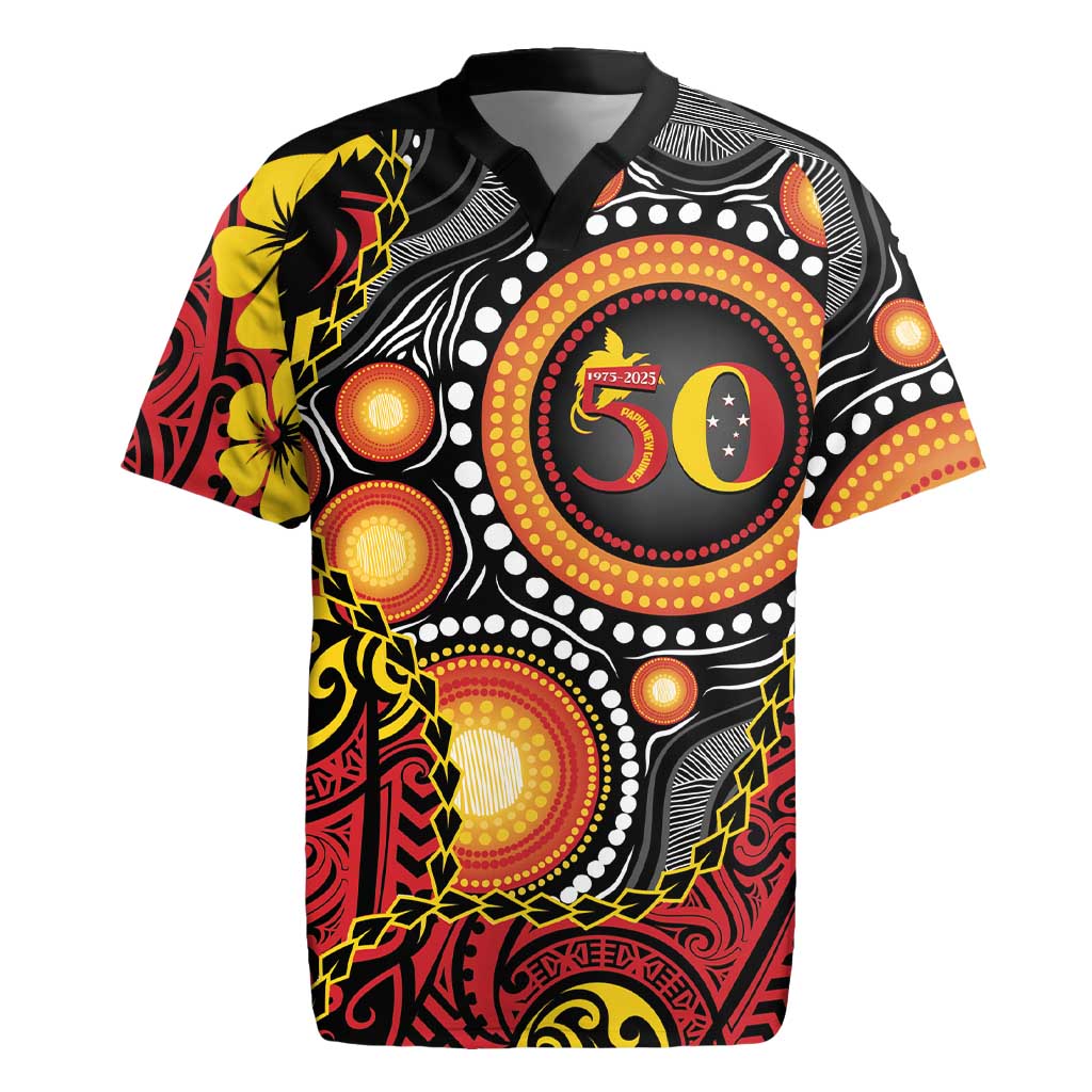 Celebrating 50 Years Papua New Guinea Rugby Jersey Aboriginal Mix Papuan Pattern - Polynesian Pride