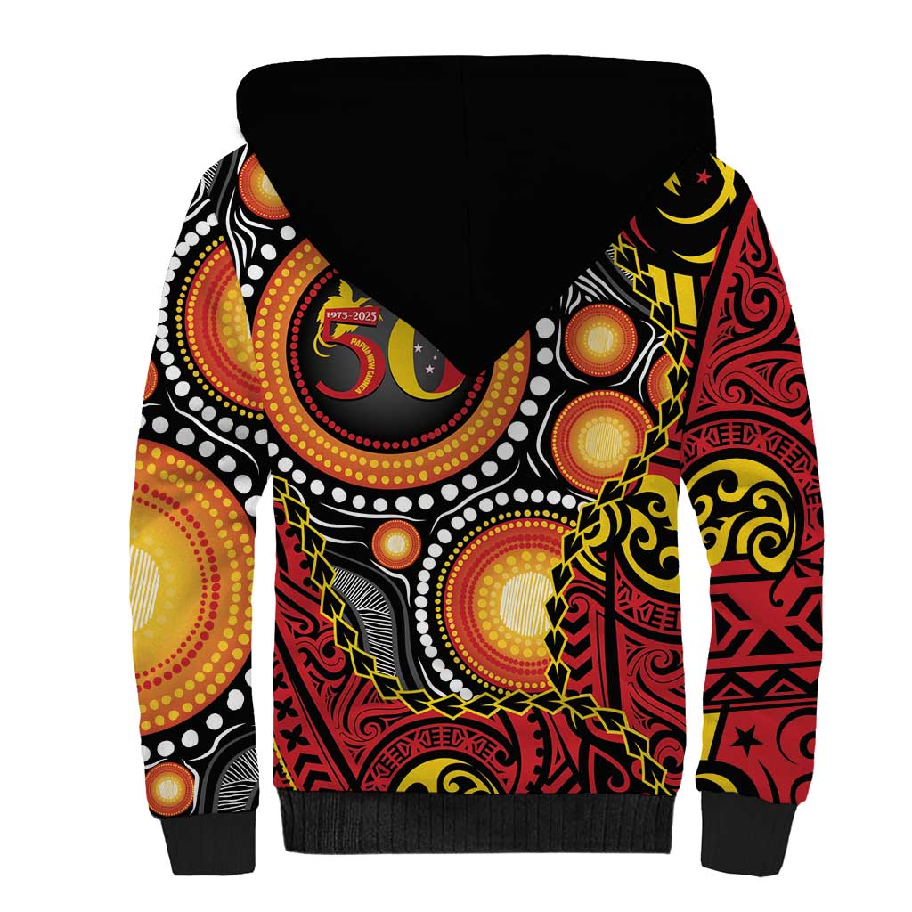 Celebrating 50 Years Papua New Guinea Sherpa Hoodie Aboriginal Mix Papuan Pattern - Polynesian Pride
