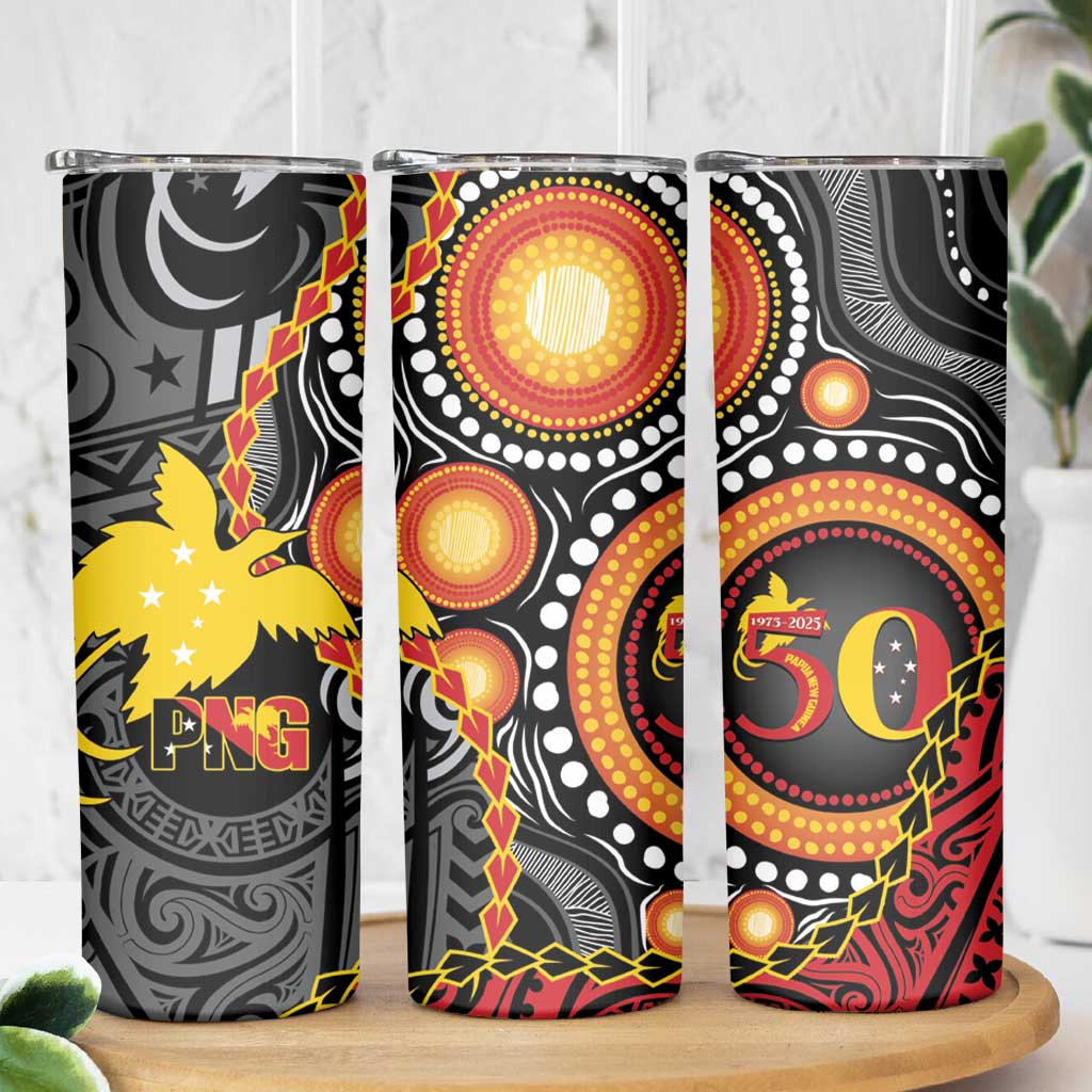 Celebrating 50 Years Papua New Guinea Skinny Tumbler Aboriginal Mix Papuan Pattern - Polynesian Pride
