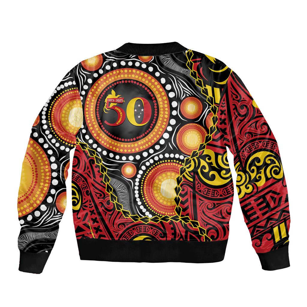 Celebrating 50 Years Papua New Guinea Sleeve Zip Bomber Jacket Aboriginal Mix Papuan Pattern - Polynesian Pride