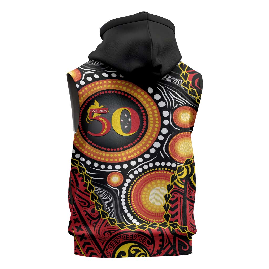 Celebrating 50 Years Papua New Guinea Sleeveless Hoodie Aboriginal Mix Papuan Pattern - Polynesian Pride