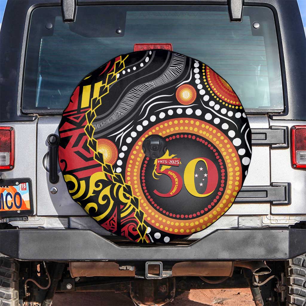 Celebrating 50 Years Papua New Guinea Spare Tire Cover Aboriginal Mix Papuan Pattern - Polynesian Pride
