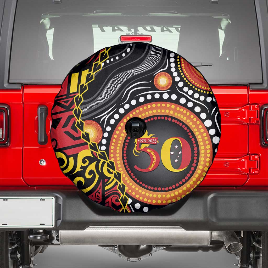 Celebrating 50 Years Papua New Guinea Spare Tire Cover Aboriginal Mix Papuan Pattern - Polynesian Pride