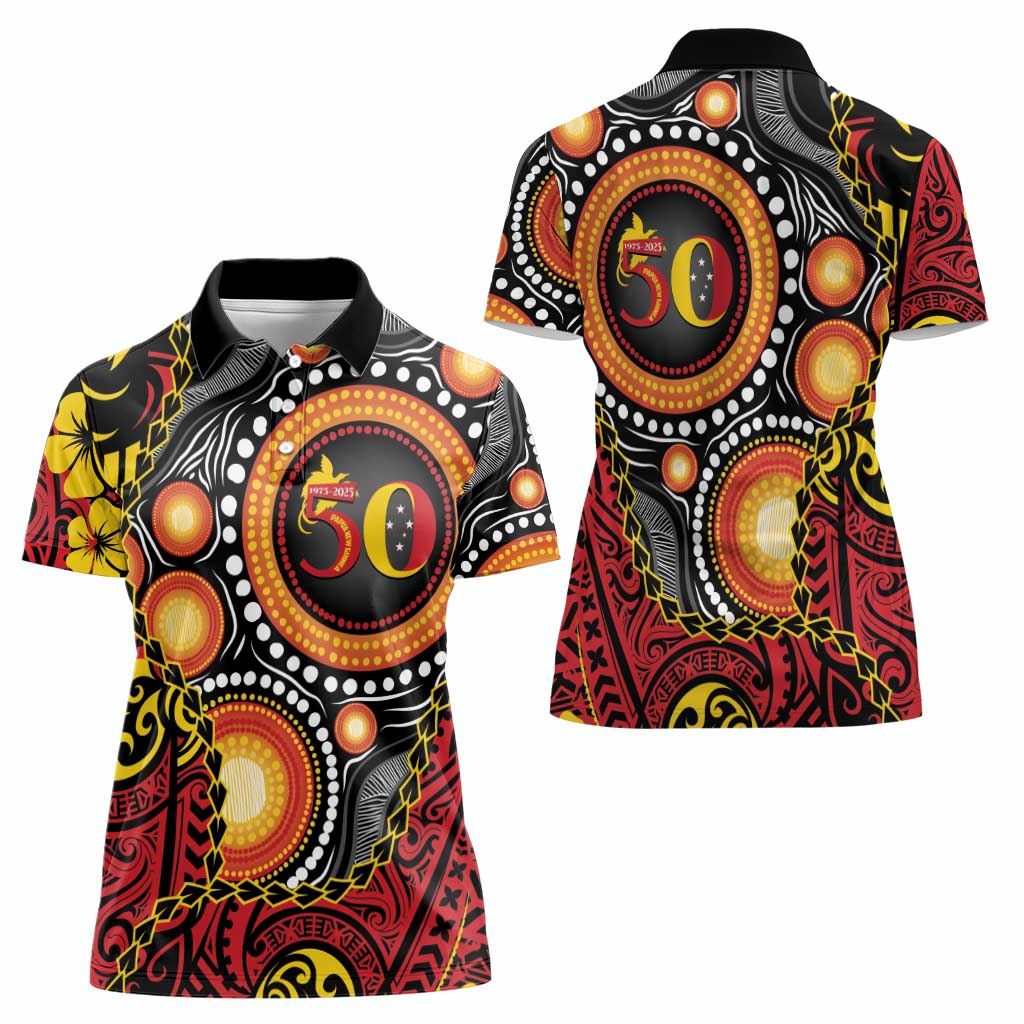 Celebrating 50 Years Papua New Guinea Women Polo Shirt Aboriginal Mix Papuan Pattern - Polynesian Pride