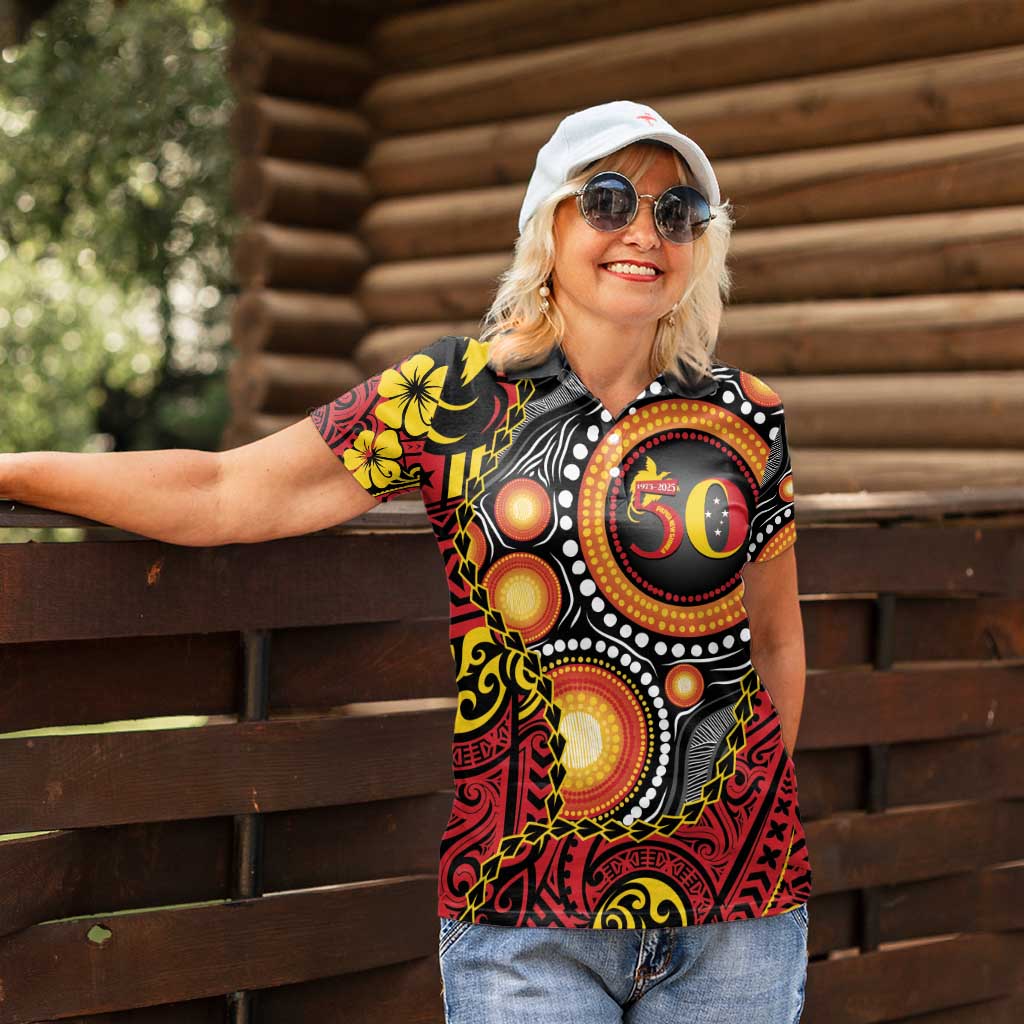 Celebrating 50 Years Papua New Guinea Women Polo Shirt Aboriginal Mix Papuan Pattern - Polynesian Pride