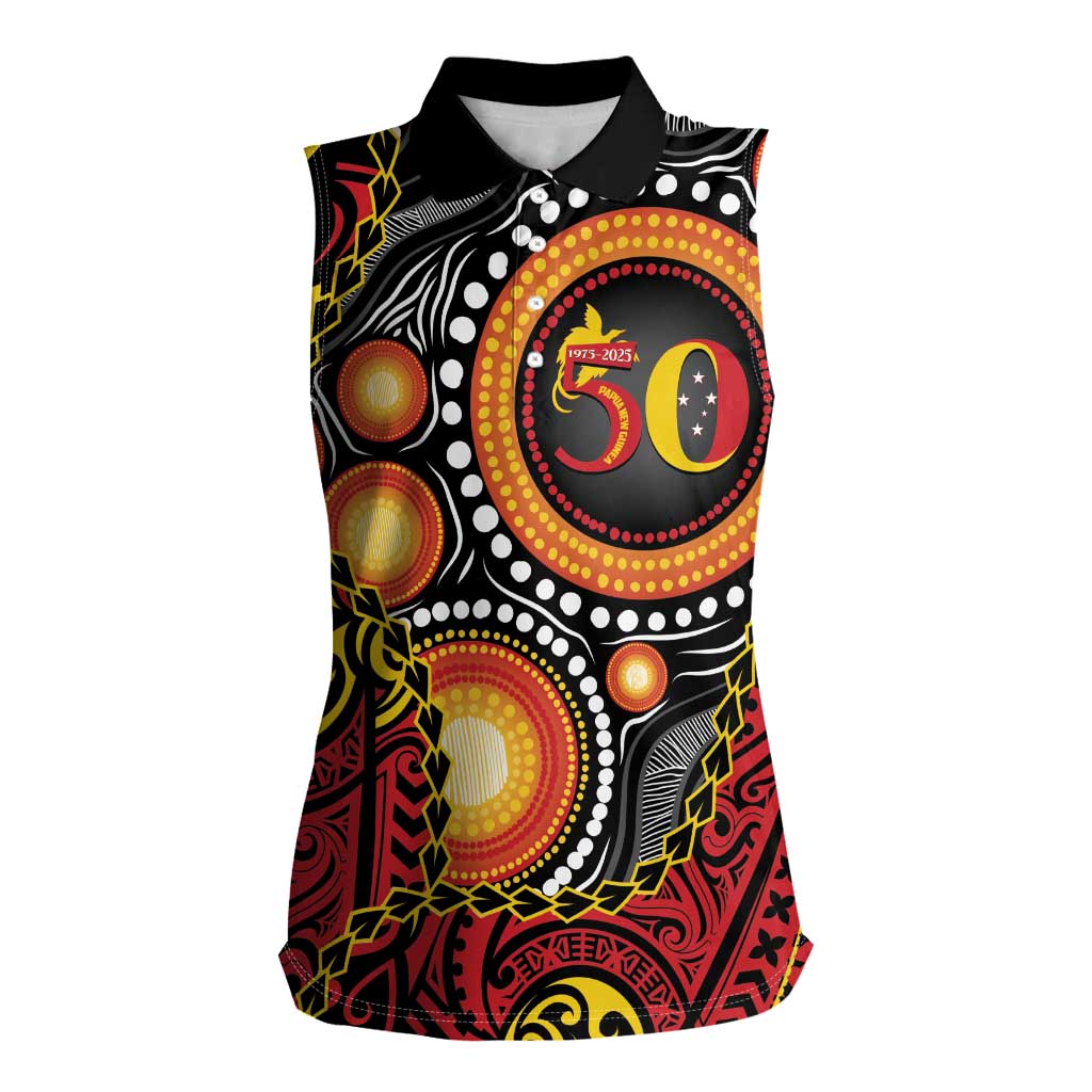 Celebrating 50 Years Papua New Guinea Women Sleeveless Polo Shirt Aboriginal Mix Papuan Pattern - Polynesian Pride