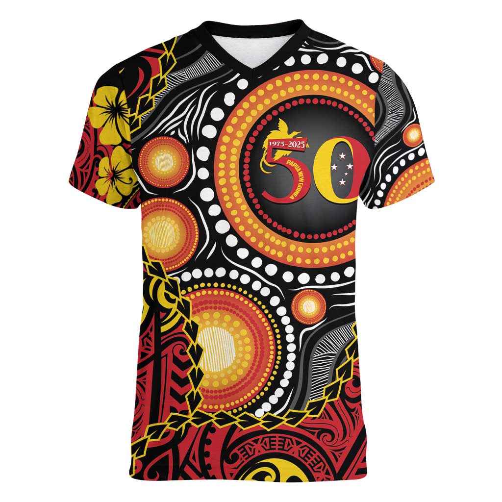 Celebrating 50 Years Papua New Guinea Women V-Neck T-Shirt Aboriginal Mix Papuan Pattern - Polynesian Pride