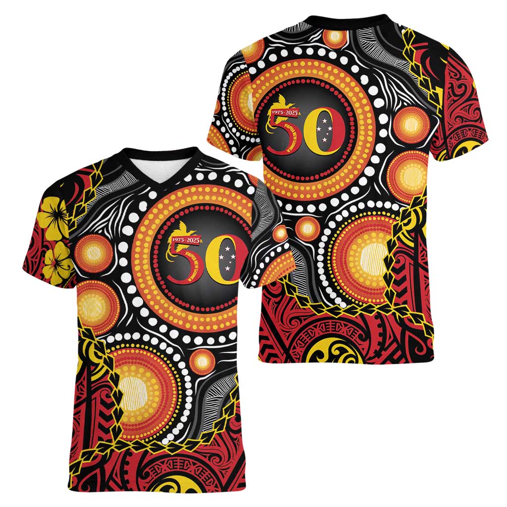 Celebrating 50 Years Papua New Guinea Women V-Neck T-Shirt Aboriginal Mix Papuan Pattern - Polynesian Pride