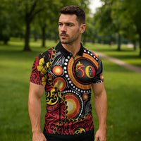 Celebrating 50 Years Papua New Guinea Zipper Polo Shirt Aboriginal Mix Papuan Pattern - Polynesian Pride