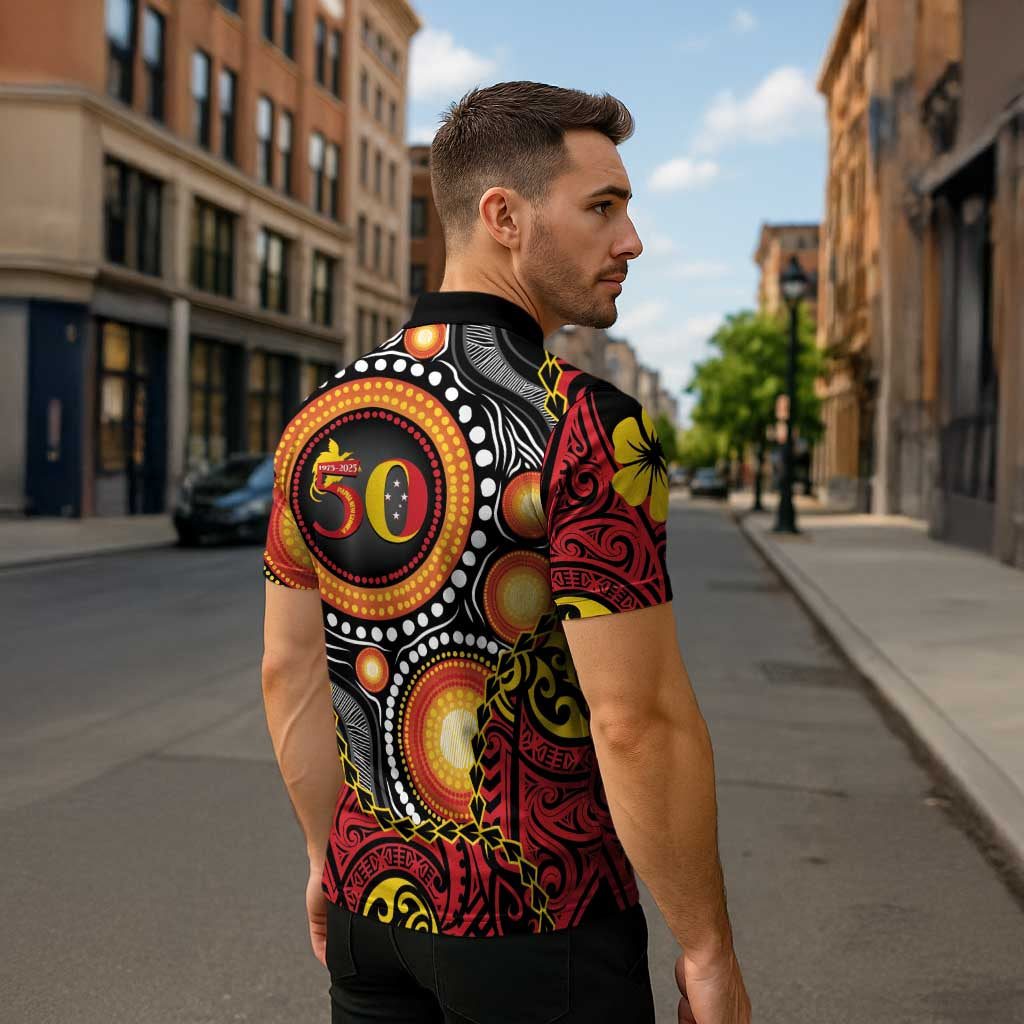 Celebrating 50 Years Papua New Guinea Zipper Polo Shirt Aboriginal Mix Papuan Pattern - Polynesian Pride