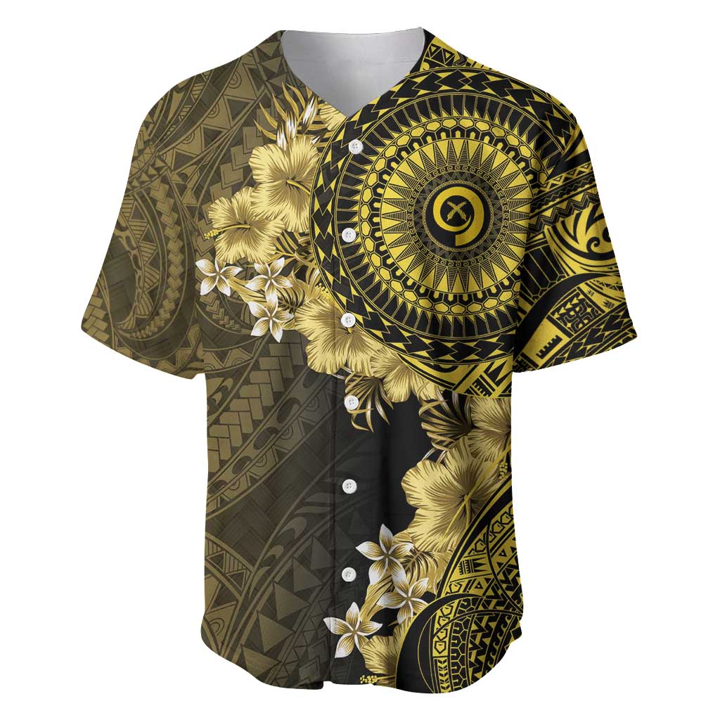 Vanuatu Baseball Jersey Hibisus Polynesian Pattern Gold - Polynesian Pride