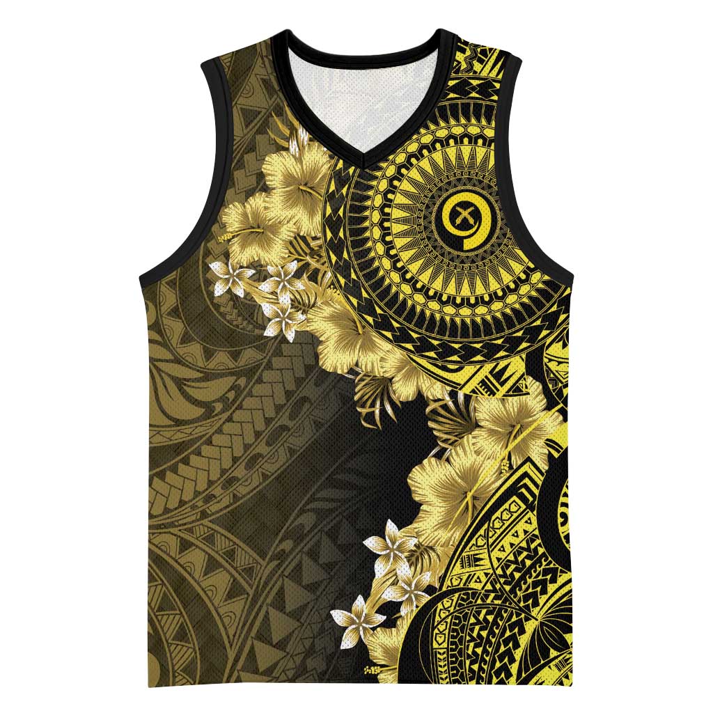 Vanuatu Basketball Jersey Hibisus Polynesian Pattern Gold - Polynesian Pride