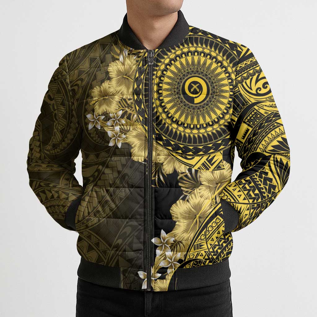 Vanuatu Bomber Puffer Jacket Hibisus Polynesian Pattern Gold - Polynesian Pride