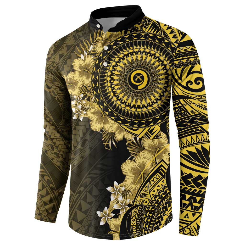 Vanuatu Button Sweatshirt Hibisus Polynesian Pattern Gold - Polynesian Pride