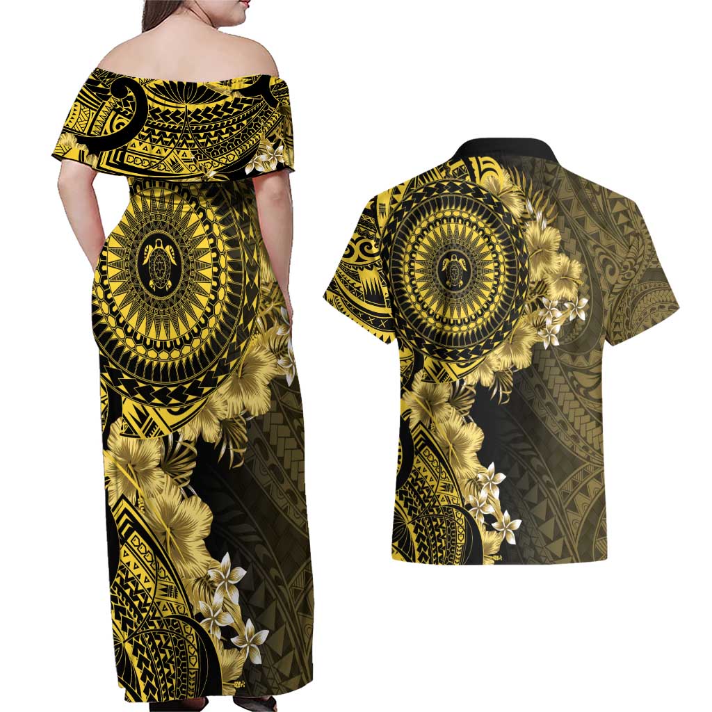 Vanuatu Couples Matching Off Shoulder Maxi Dress and Hawaiian Shirt Hibisus Polynesian Pattern Gold - Polynesian Pride