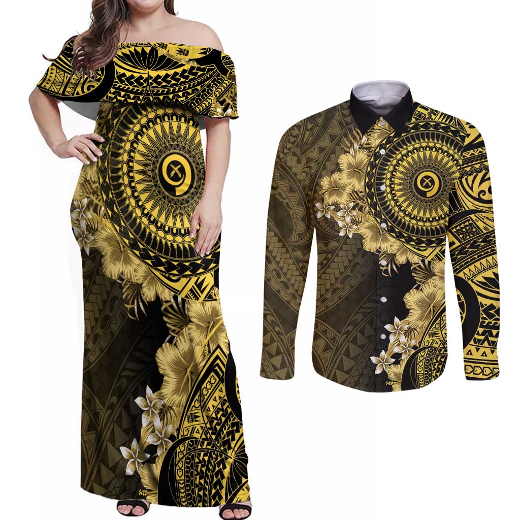 Vanuatu Couples Matching Off Shoulder Maxi Dress and Long Sleeve Button Shirt Hibisus Polynesian Pattern Gold - Polynesian Pride