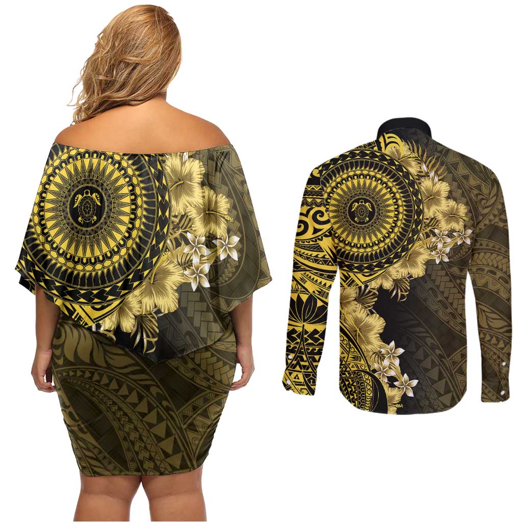 Vanuatu Couples Matching Off Shoulder Short Dress and Long Sleeve Button Shirt Hibisus Polynesian Pattern Gold - Polynesian Pride