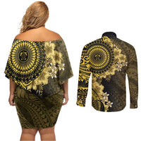 Vanuatu Couples Matching Off Shoulder Short Dress and Long Sleeve Button Shirt Hibisus Polynesian Pattern Gold - Polynesian Pride