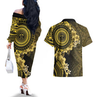 Vanuatu Couples Matching Off The Shoulder Long Sleeve Dress and Hawaiian Shirt Hibisus Polynesian Pattern Gold - Polynesian Pride