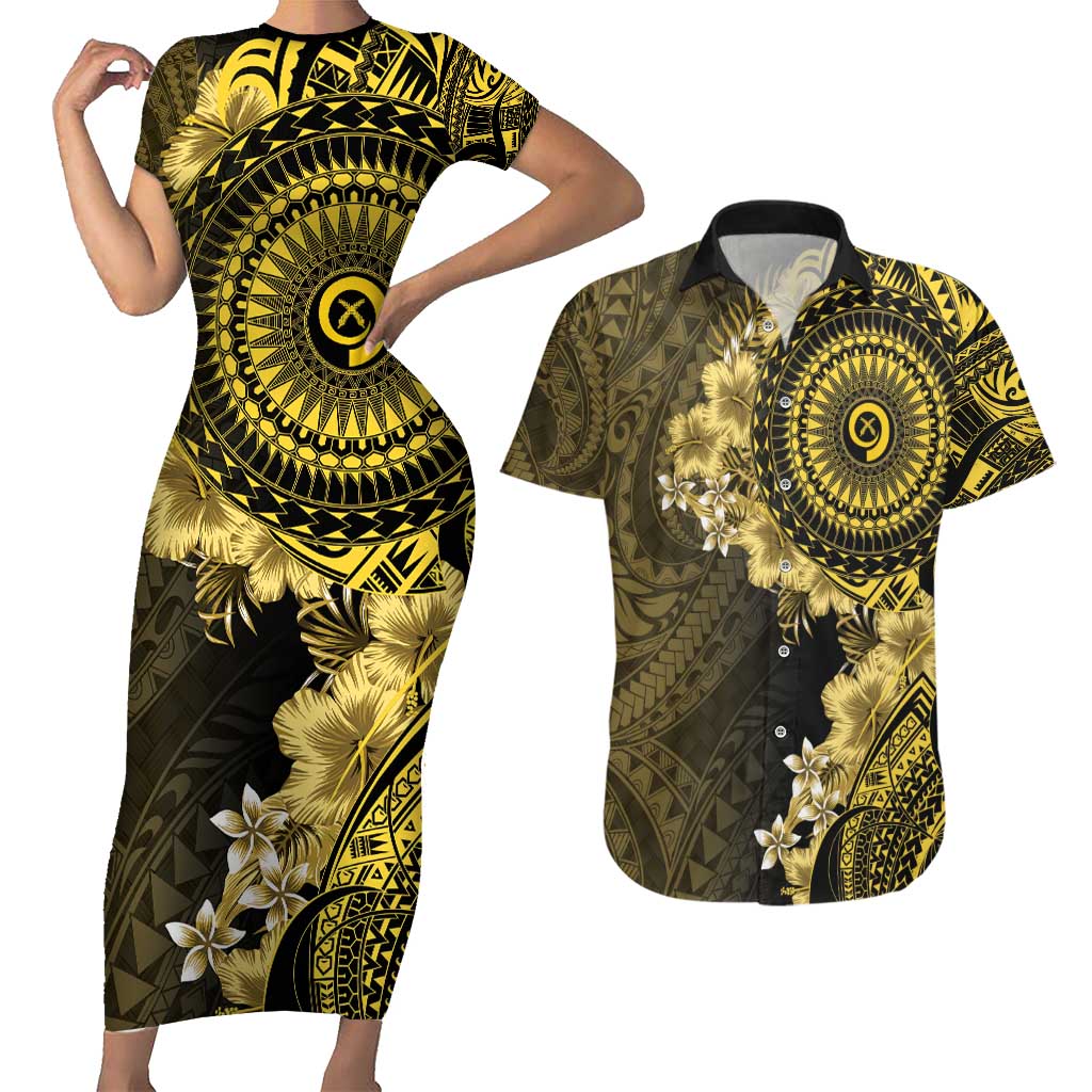 Vanuatu Couples Matching Short Sleeve Bodycon Dress and Hawaiian Shirt Hibisus Polynesian Pattern Gold - Polynesian Pride