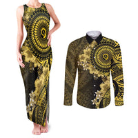 Vanuatu Couples Matching Tank Maxi Dress and Long Sleeve Button Shirt Hibisus Polynesian Pattern Gold - Polynesian Pride